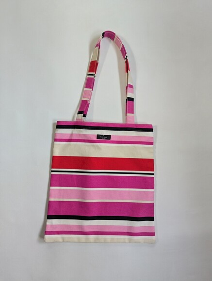 Kate Spade New York Striped Canvas Tote Pink Orange Cream Shopping Bag - Picture 1 of 8